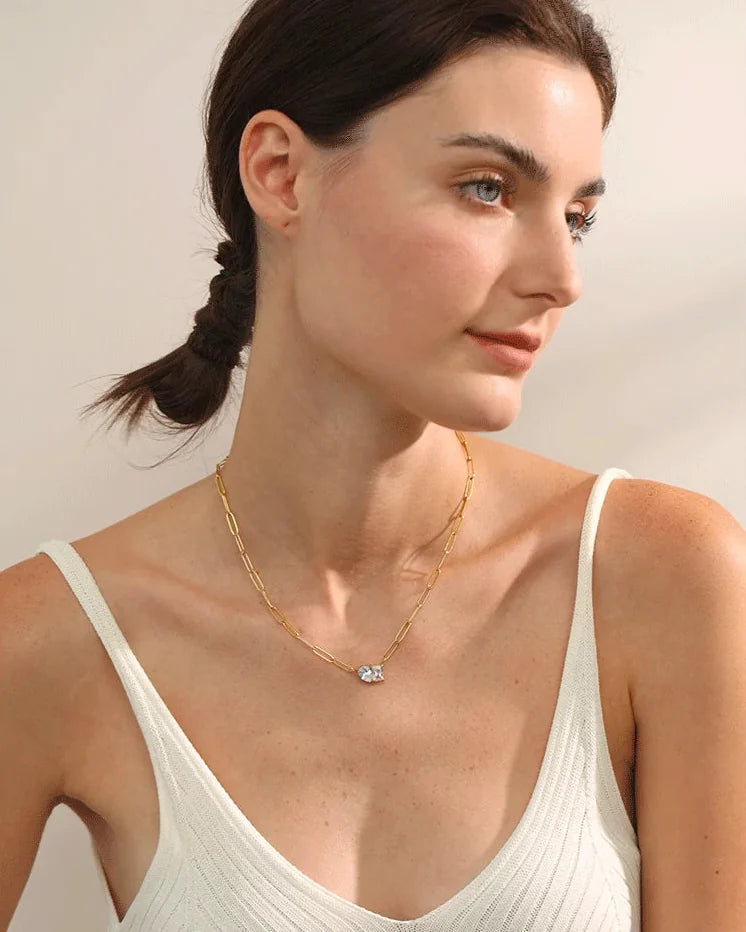 Model wearing a cubic zirconia pendant necklace